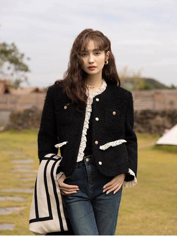 MISHOW Wool Coat Lace Splicing Lamb Wool Button Pockets MXB43W0720
