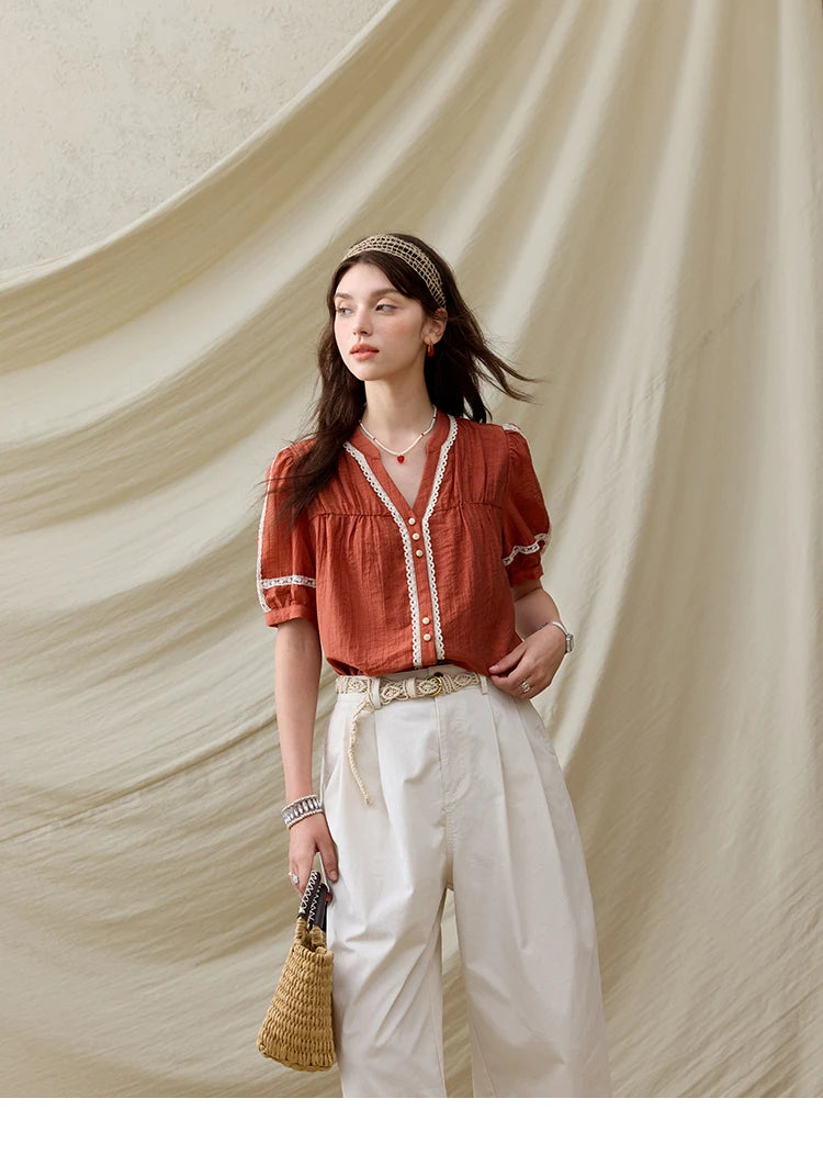 MISHOW French Blouse Women V-Neck Short Sleeve Color Matching Shirt MXE31X1766