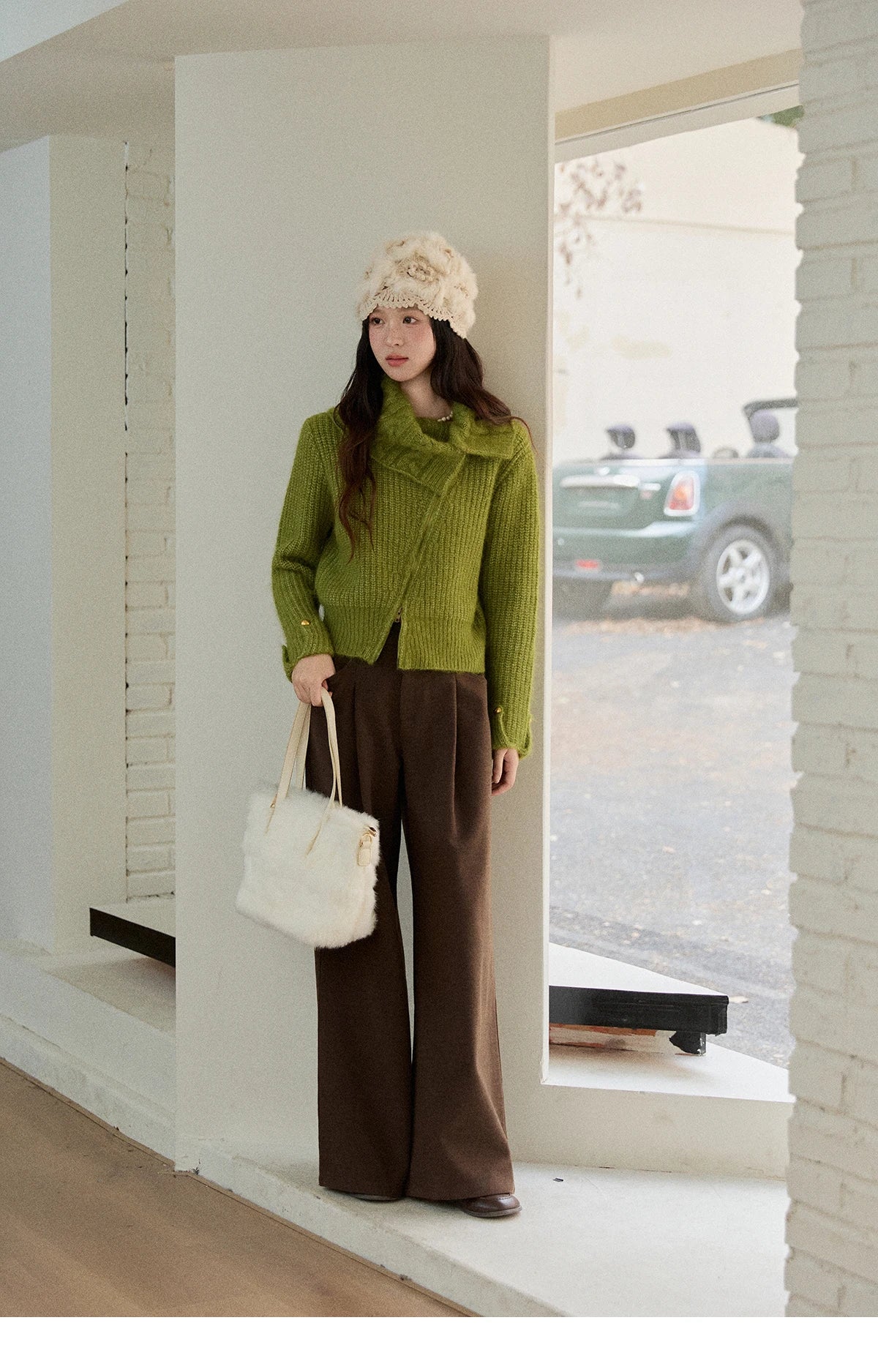 Mishow Green Wool Blend Long-Pile Large Lapel Pullover MXE90Z2760