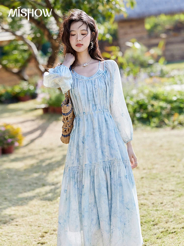 Mishow Blue Floral Chiffon Drawstring Lantern Sleeve Dress MXE16L2114