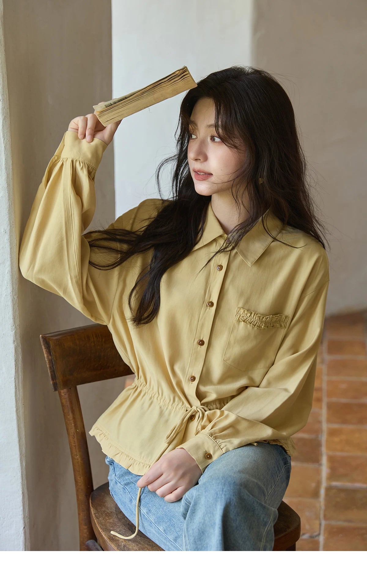 MISHOW Yellow Drawstring Waist Shirt Lapel Lantern Sleeve MXE42C2368