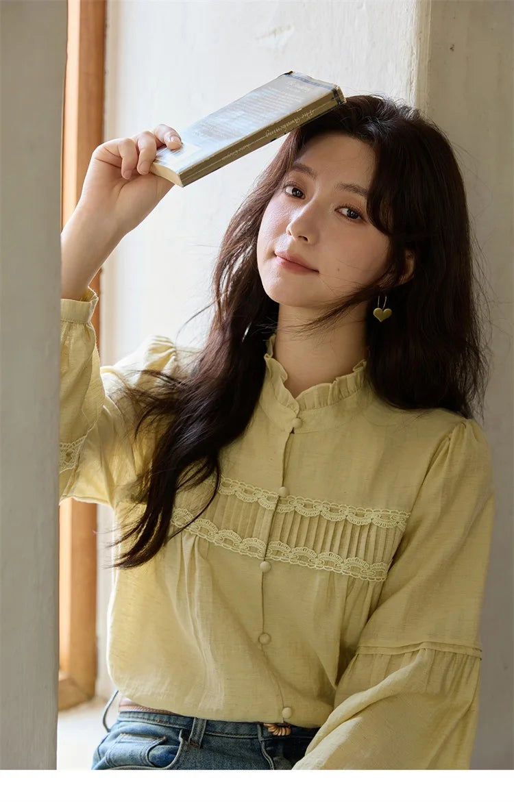 MISHOW Women's Light Yellow Linen Shirt Stand Collar Lace Sleeves MXE42X1976