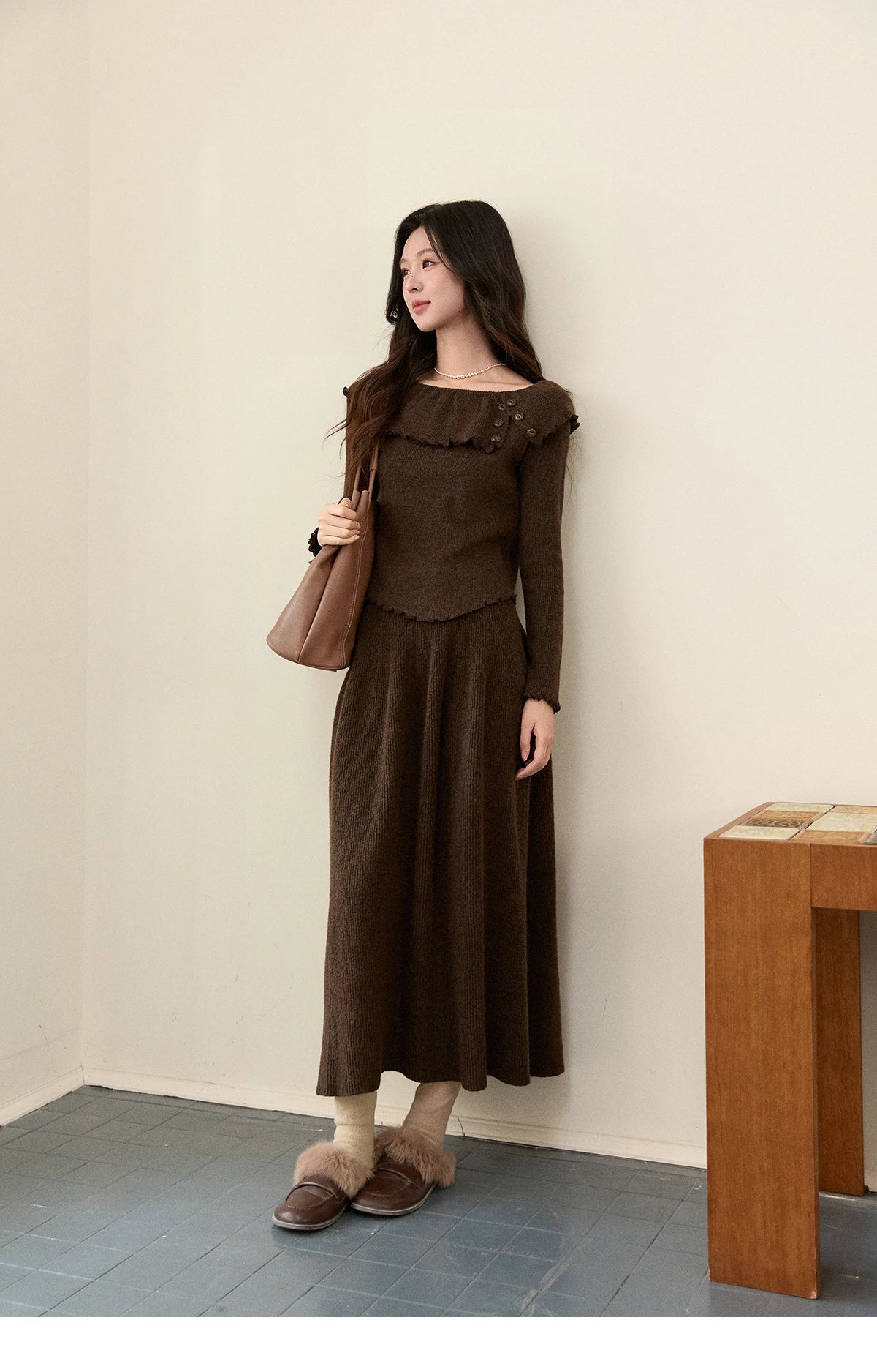 Mishow Coffee Ruffle Boat Neck Top & A-Line Skirt Set MXE93T1455