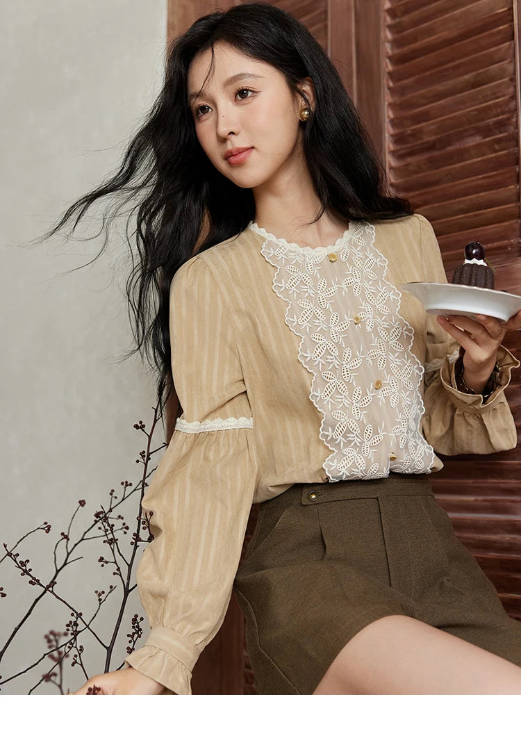 MISHOW Mesh Embroidery Blouse Lace Collar Lantern Sleeve MXD47X1664