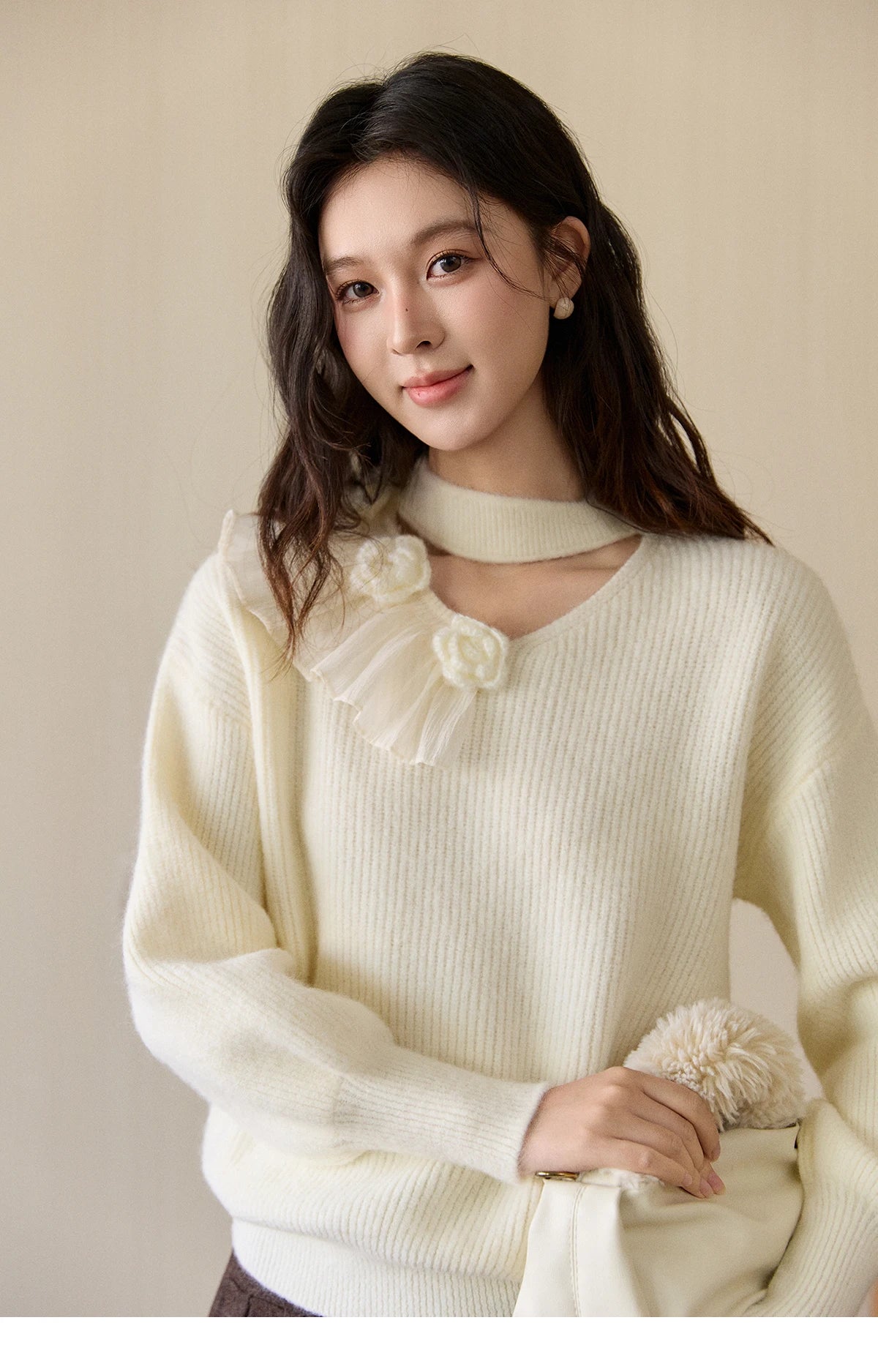 Mishow Cutout Neck Ruffle Flower Lantern Sleeve Pullover MXE94Z2982