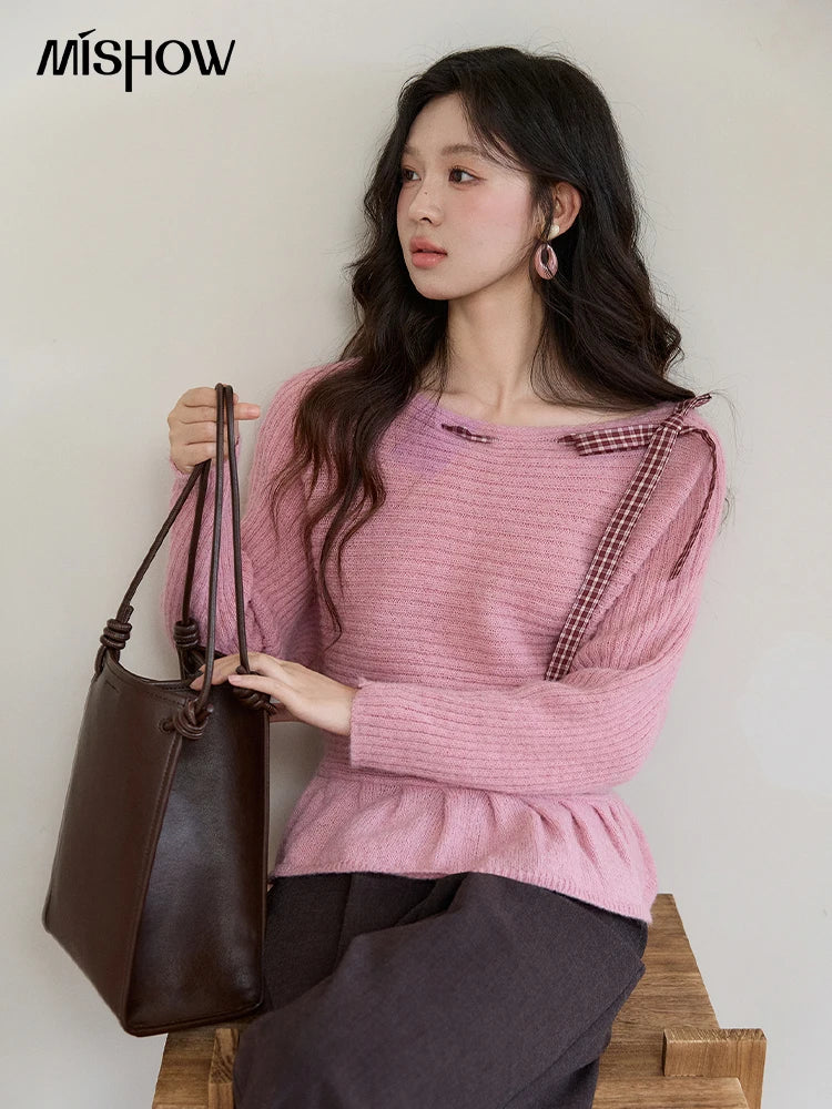 Mishow Pink Plaid Bow Peplum Ribbed Sweater MXF11Z3016