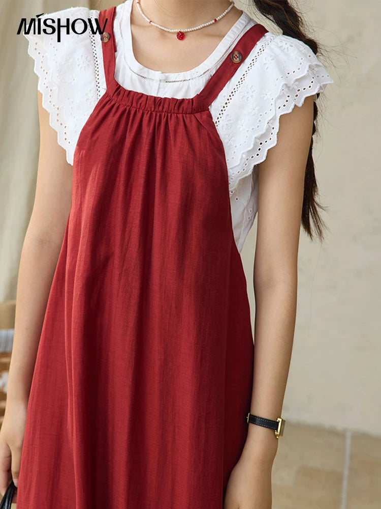 Mishow Red Linen Hanging Neck Strap Midi Dress MXE36L2309