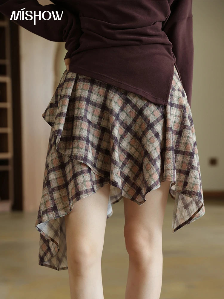 Mishow Purple Plaid Irregular Ruffle Hem Skirt MXE42B2395