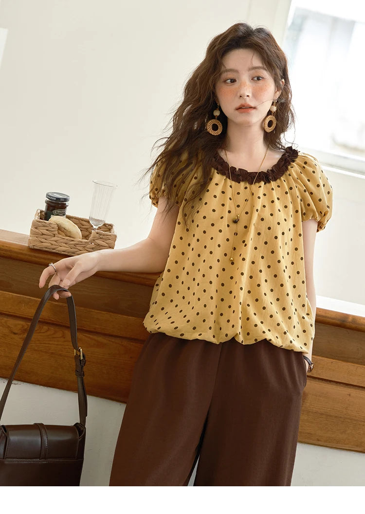 Mishow Polka Dot Puff Sleeve Top & Wide Leg Pants Set MXE39T0657