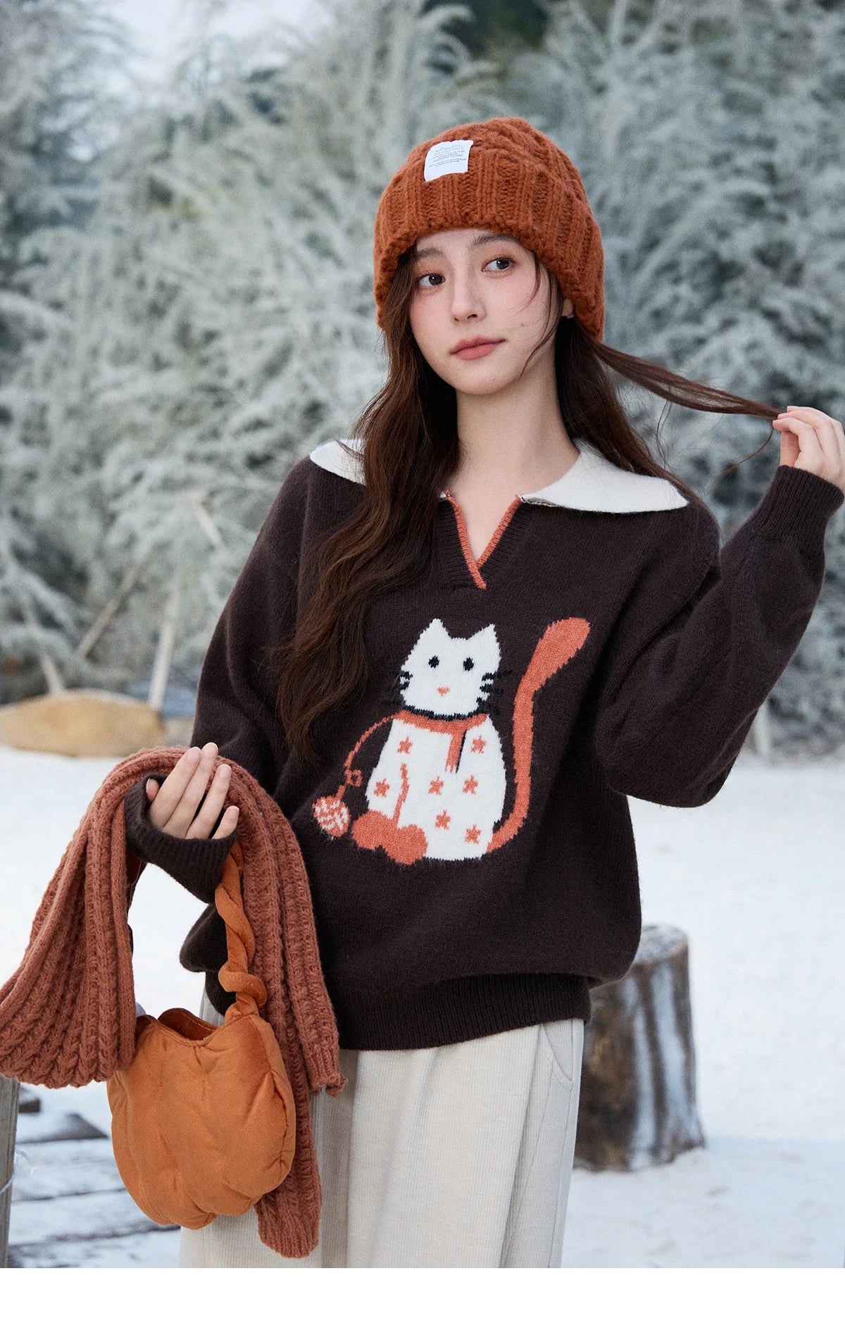 Mishow Retro Arctic Fleece Color Block Cat Sweater MXE90Z2835
