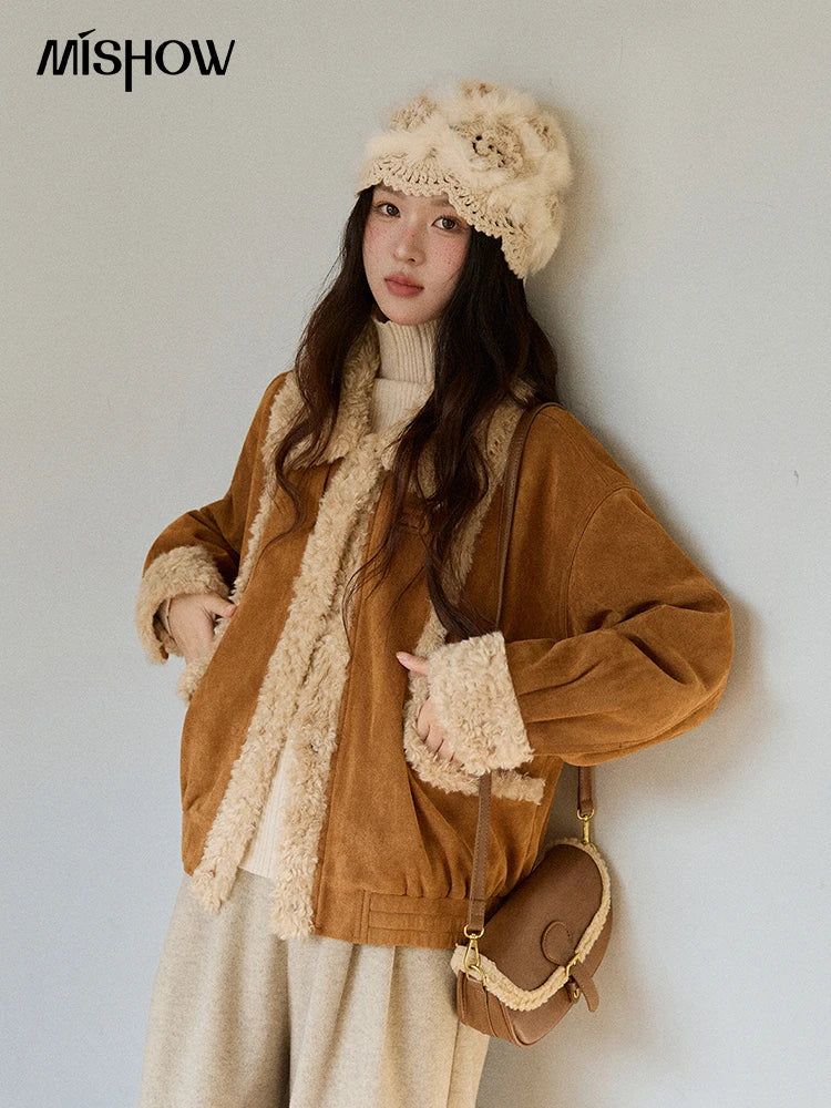 MISHOW Retro Brown Suede Jacket Patchwork Fur Turn Down Collar MXE89W0895