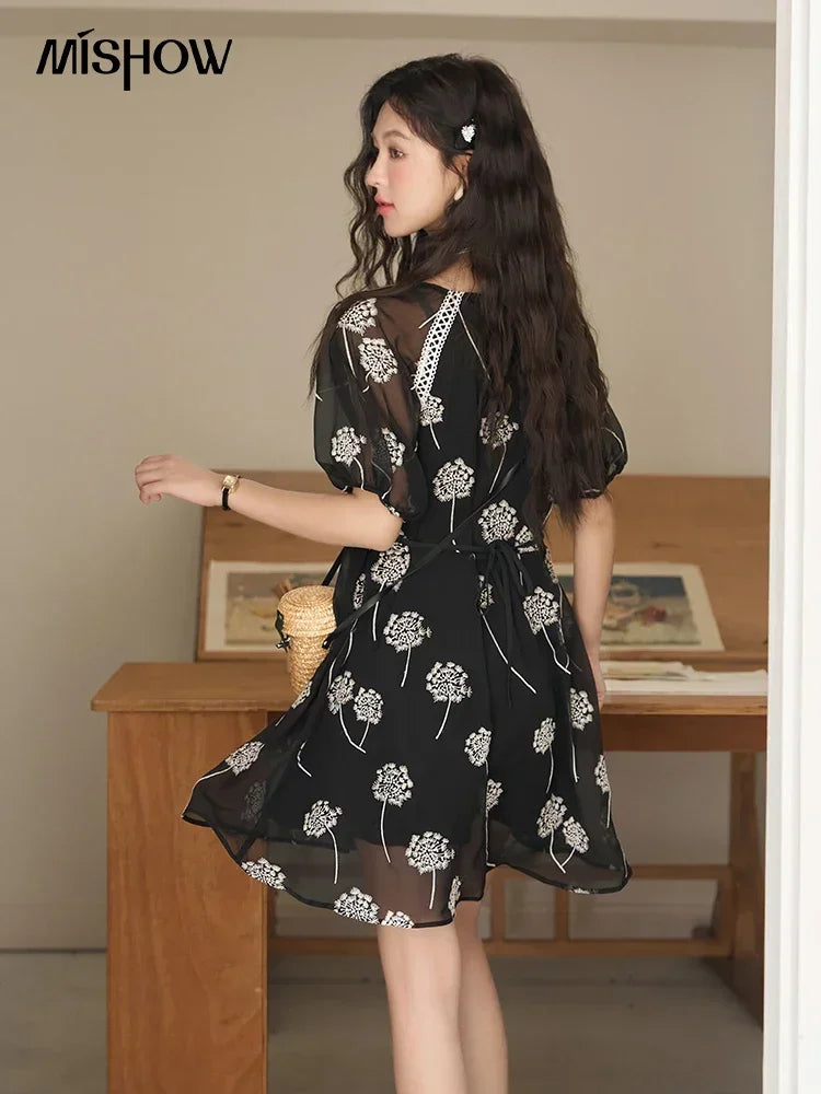 Mishow Taraxacum Black Embroidered Lace-Up Dress MXC39L1567