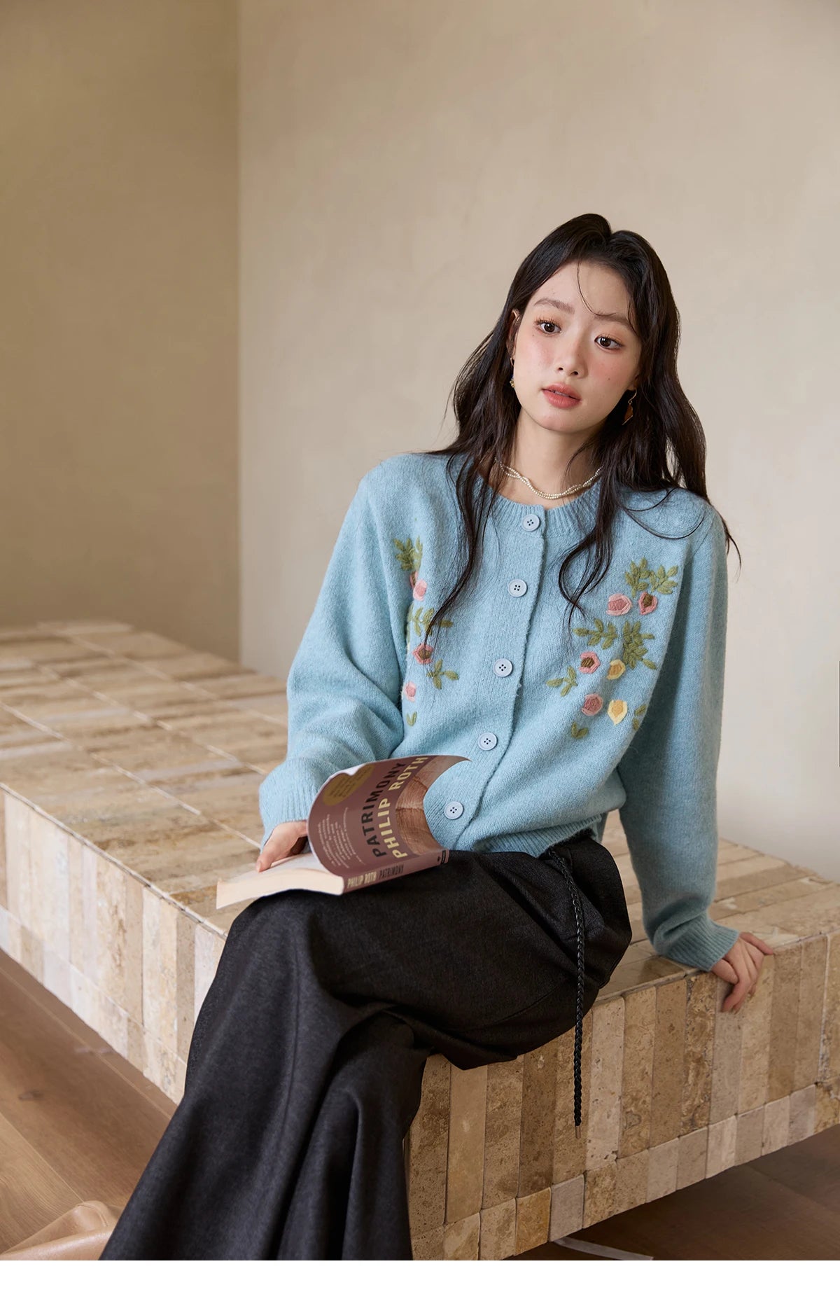 Mishow Blue Floral Embroidered Wool Cardigan MXE51Z2695