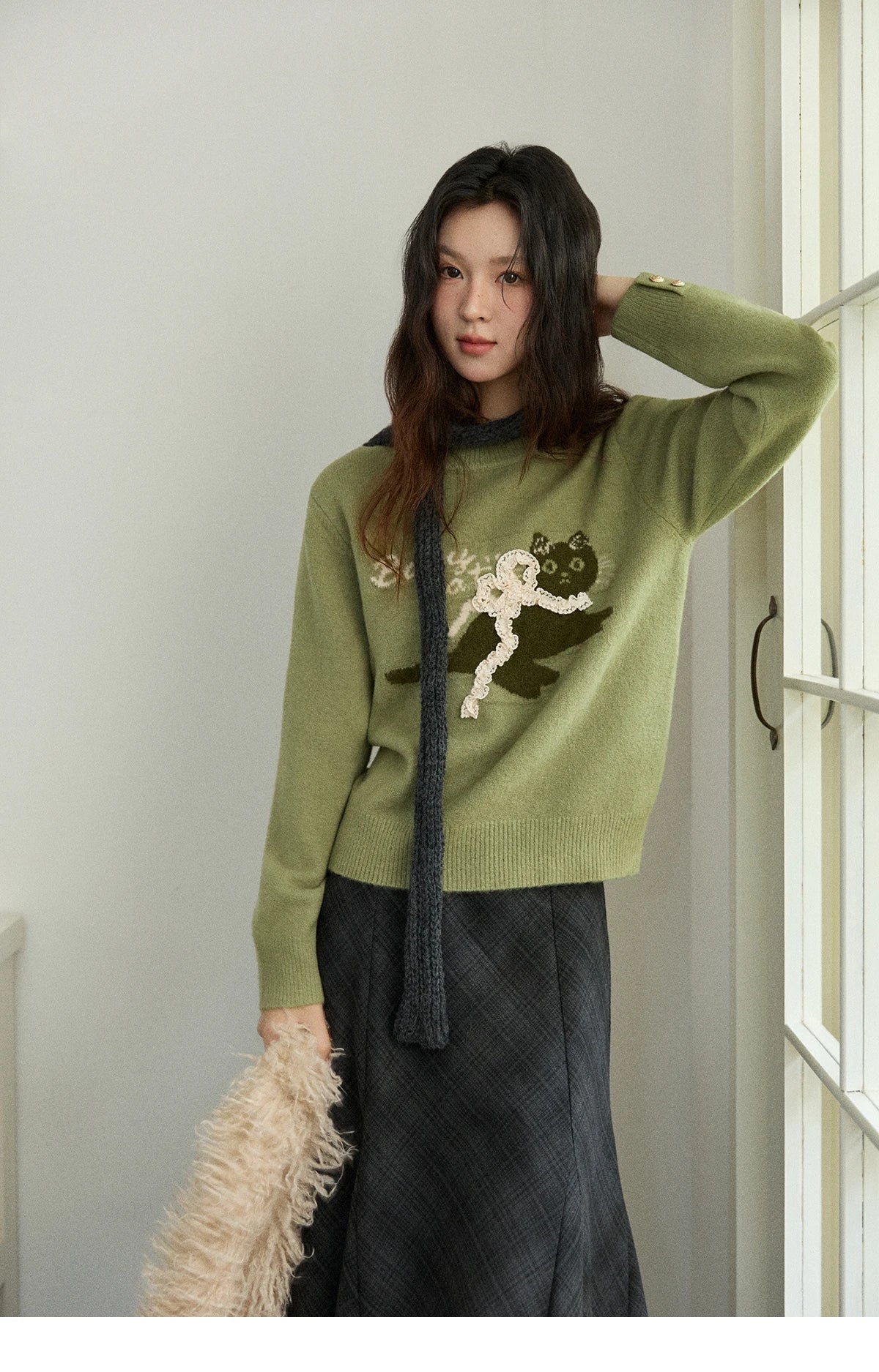 Mishow Cat Jacquard Three-Dimensional Bow Pullover MXE86Z2750