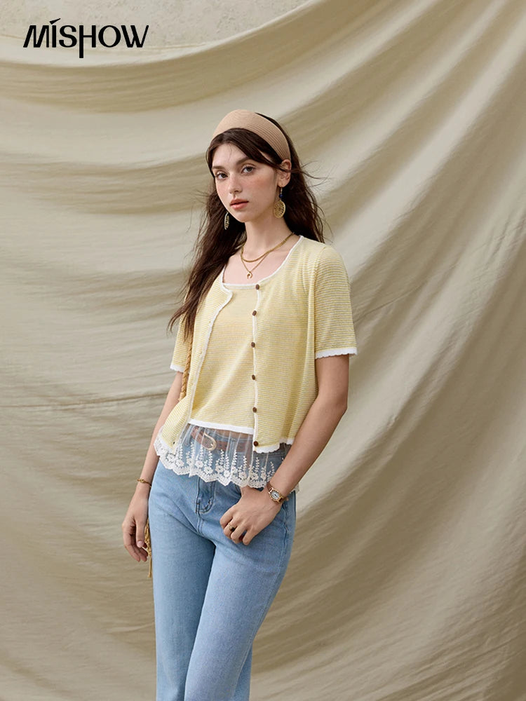 Mishow Short Sleeve Lace Cardigan & Camisole Set MXE33T0582