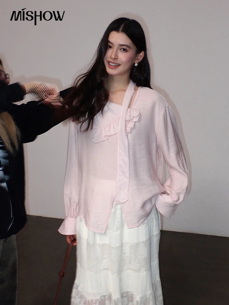 MISHOW Pink Asymmetrical Ruffled Collar Blouse Puff Sleeve MXF11X2520