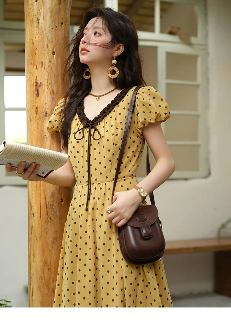 Mishow Polka Dot V-Neck Lace Up Puff Sleeve Dress MXE39L2326