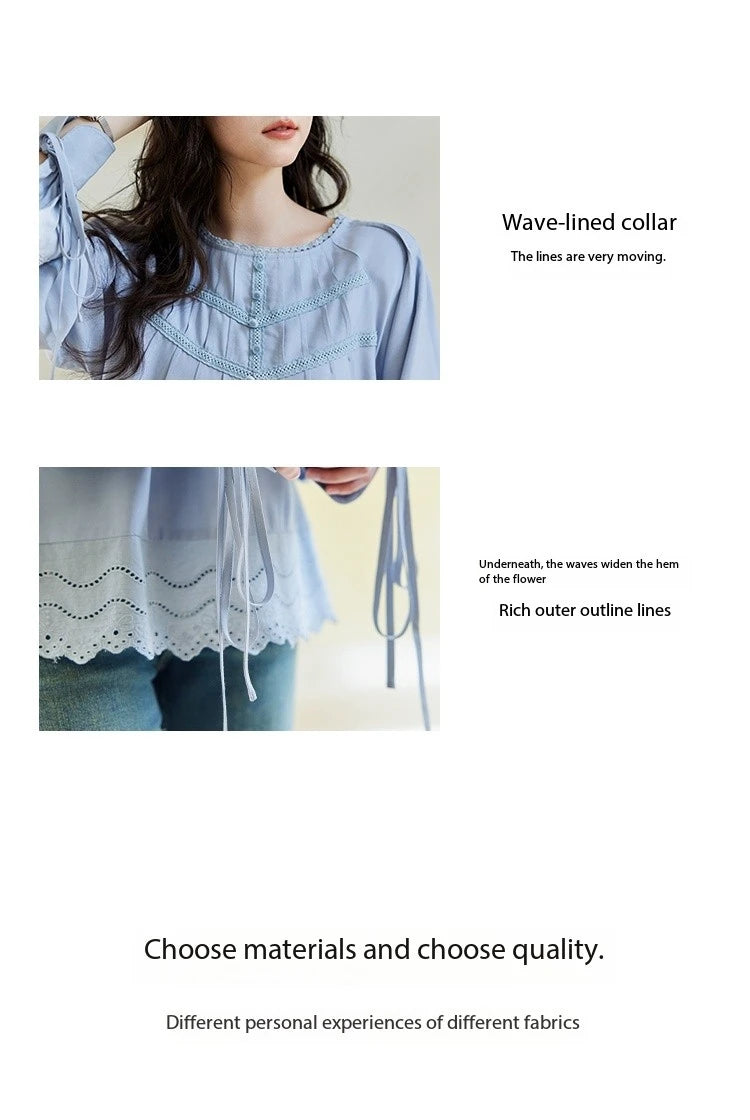 MISHOW Blue Lace Patchwork Shirt Wave Edge Lantern Sleeve MXE14X1716