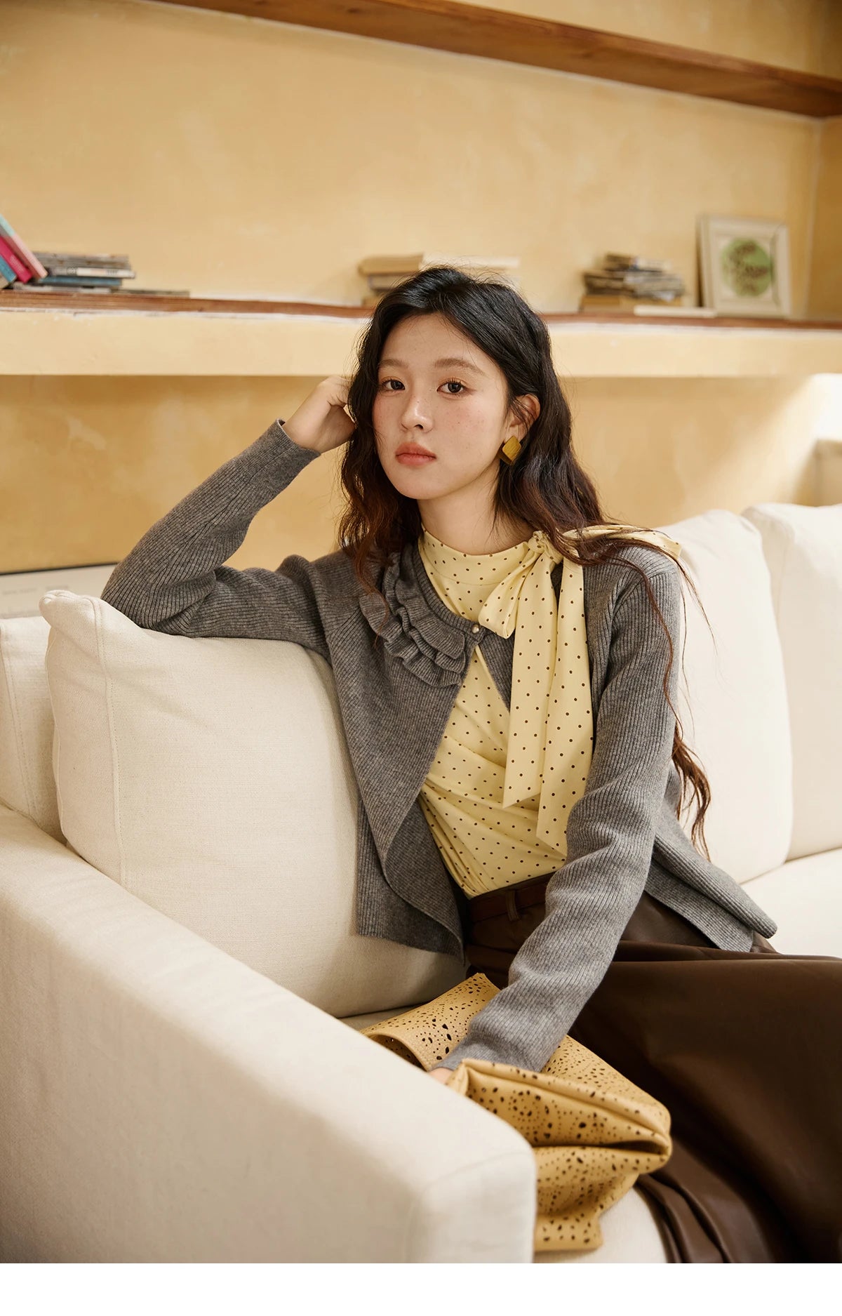 Mishow Yellow Polka Dot Lace Up Collar Pullover MXE45Z1379