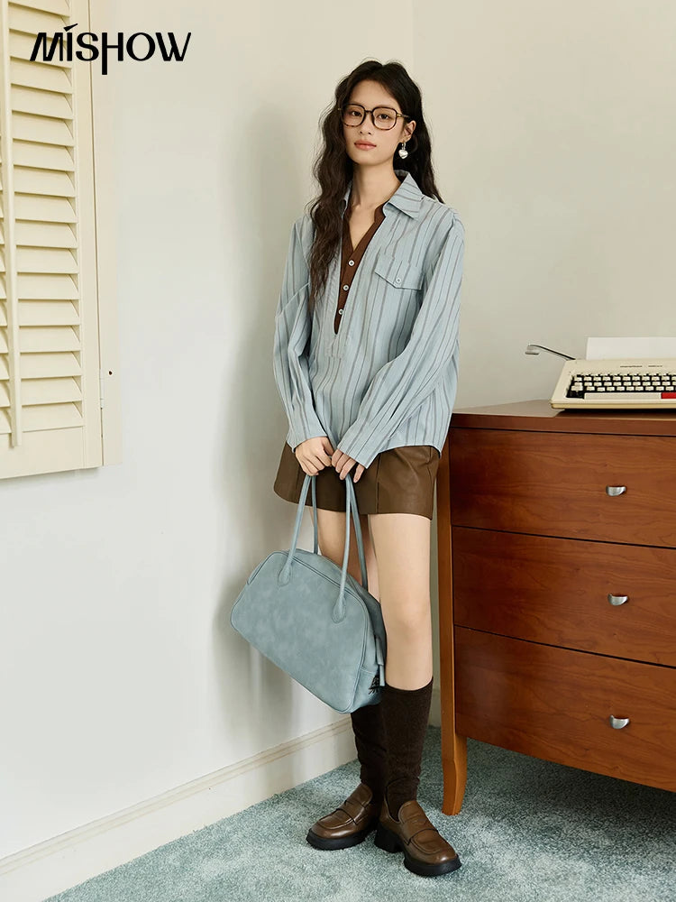 MISHOW Peach Skin Velvet Stripe Shirt Double Layered Collar MXE47C2408