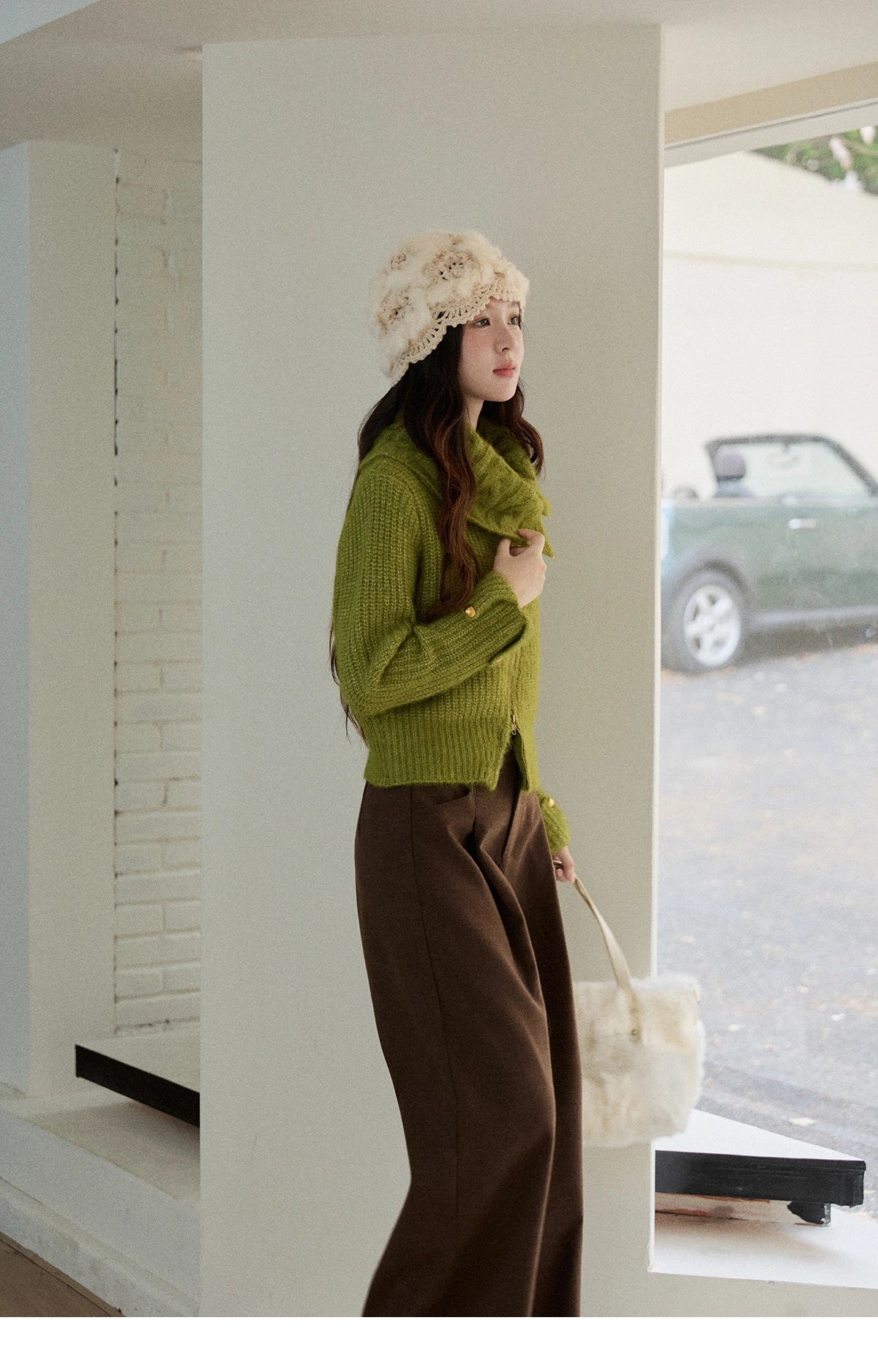 Mishow Green Wool Blend Long-Pile Large Lapel Pullover MXE90Z2760