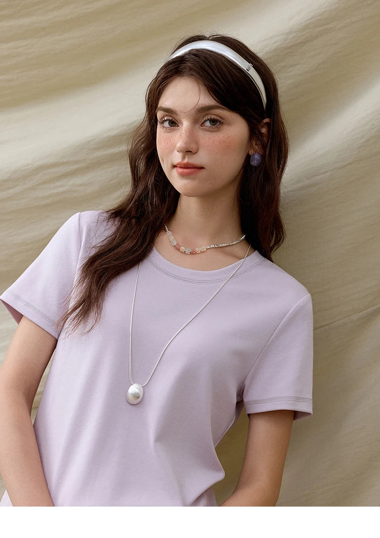 Mishow Solid Straight Shoulder Lace Trim Tee MXE31T0532