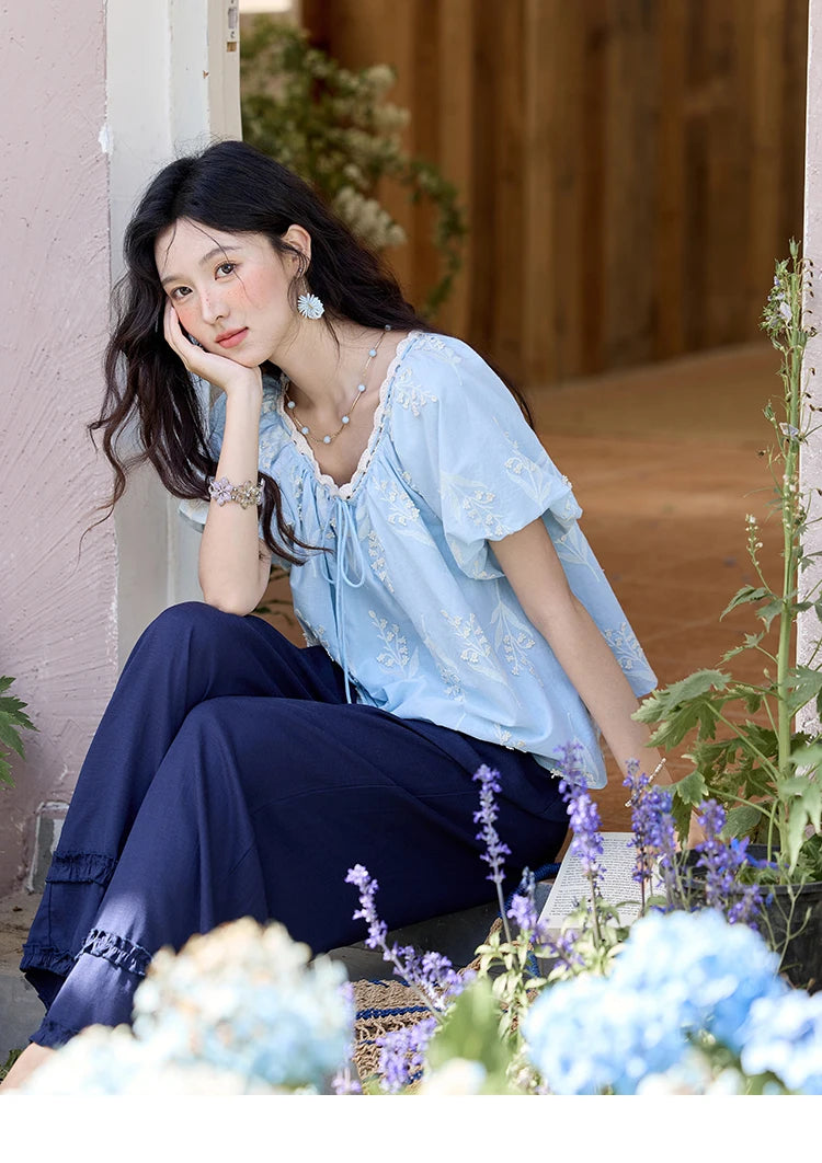 MISHOW Blue Cotton Embroidered Blouse Wave Edged O-Neck MXE35X1791