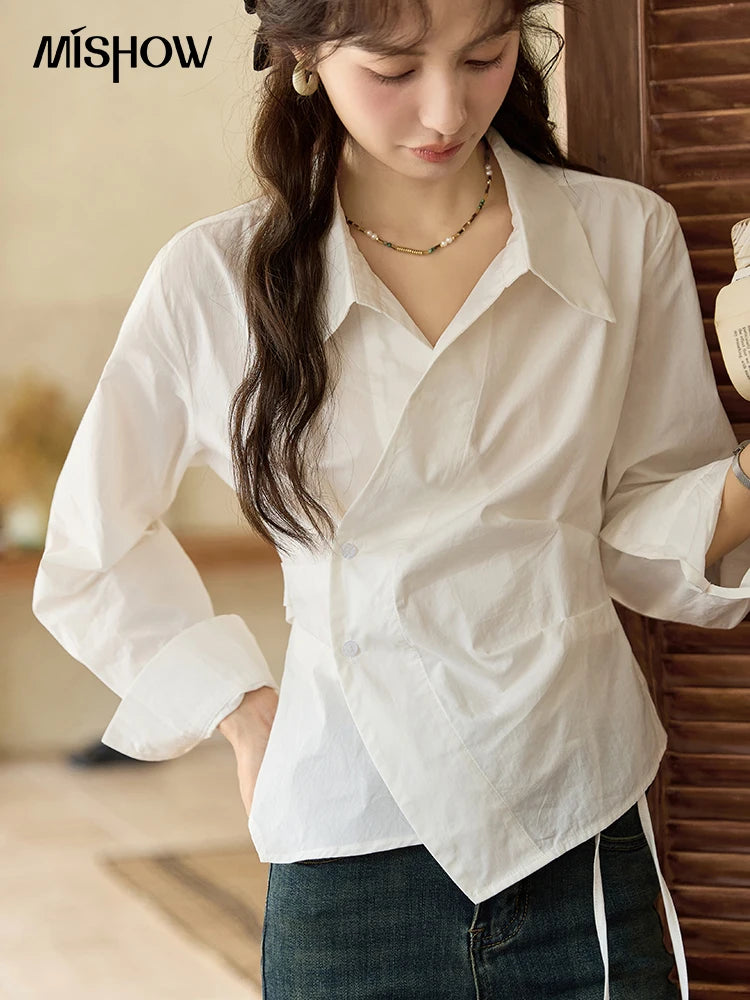 MISHOW French Side Placket Asymmetric Shirt Pleated Waist Lapel MXD45C0357
