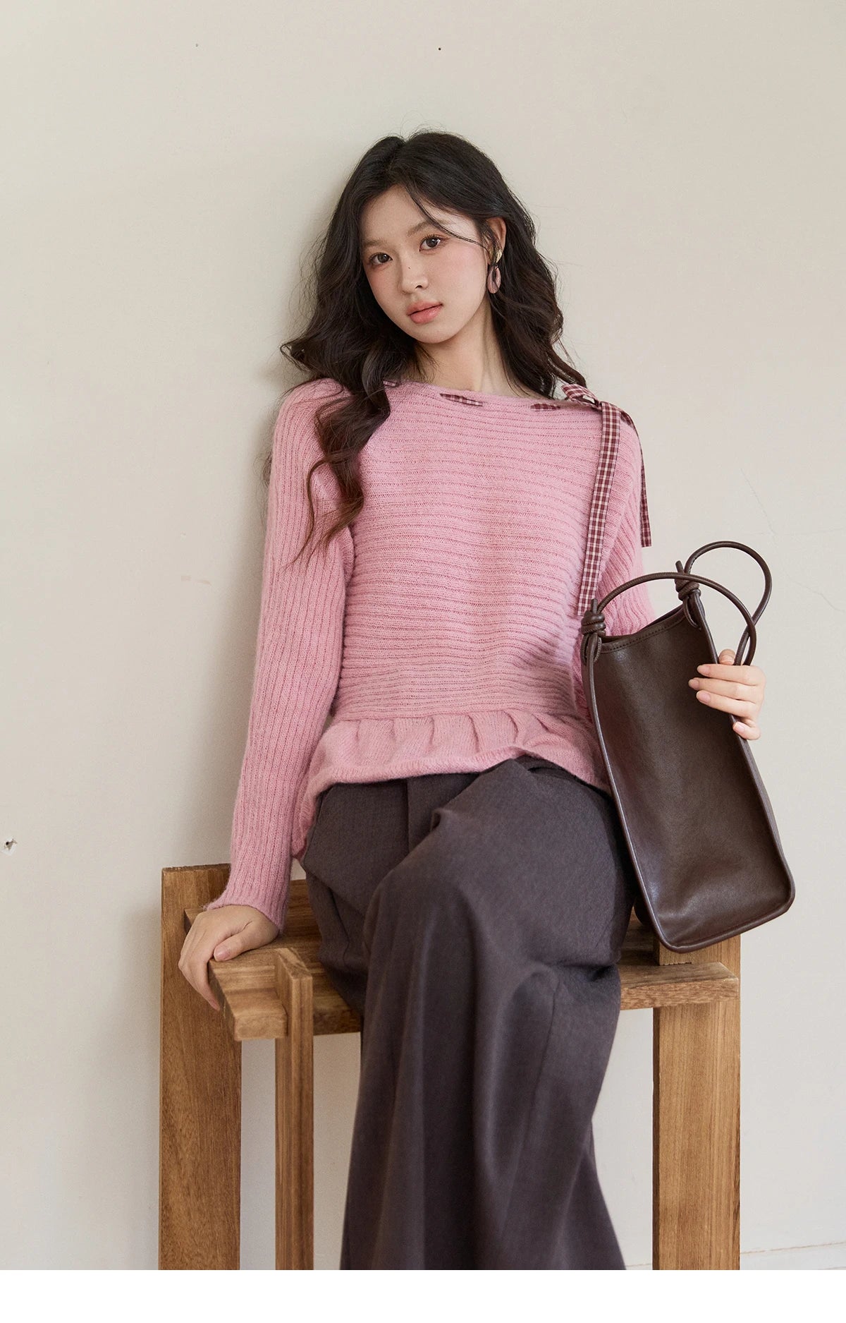Mishow Pink Plaid Bow Peplum Ribbed Sweater MXF11Z3016
