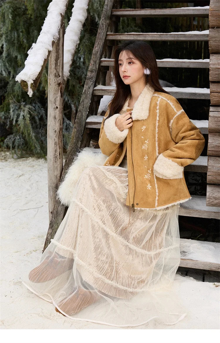 MISHOW Floral Embroidered Fur Jacket Plush Lapel Zipper MXE87W0918
