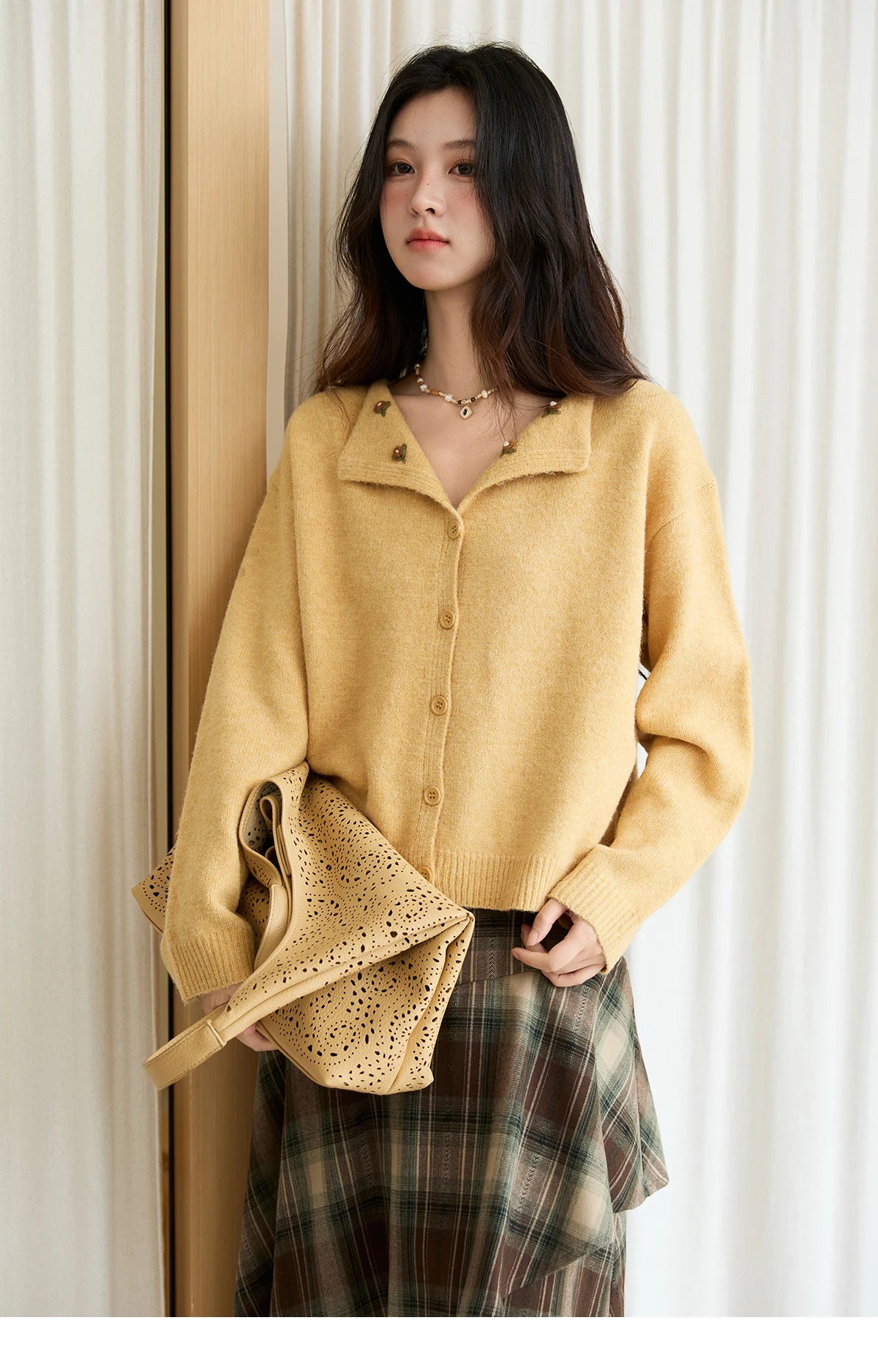 Mishow Yellow Handmade Flower Turn-Down Collar Cardigan MXE47Z2591