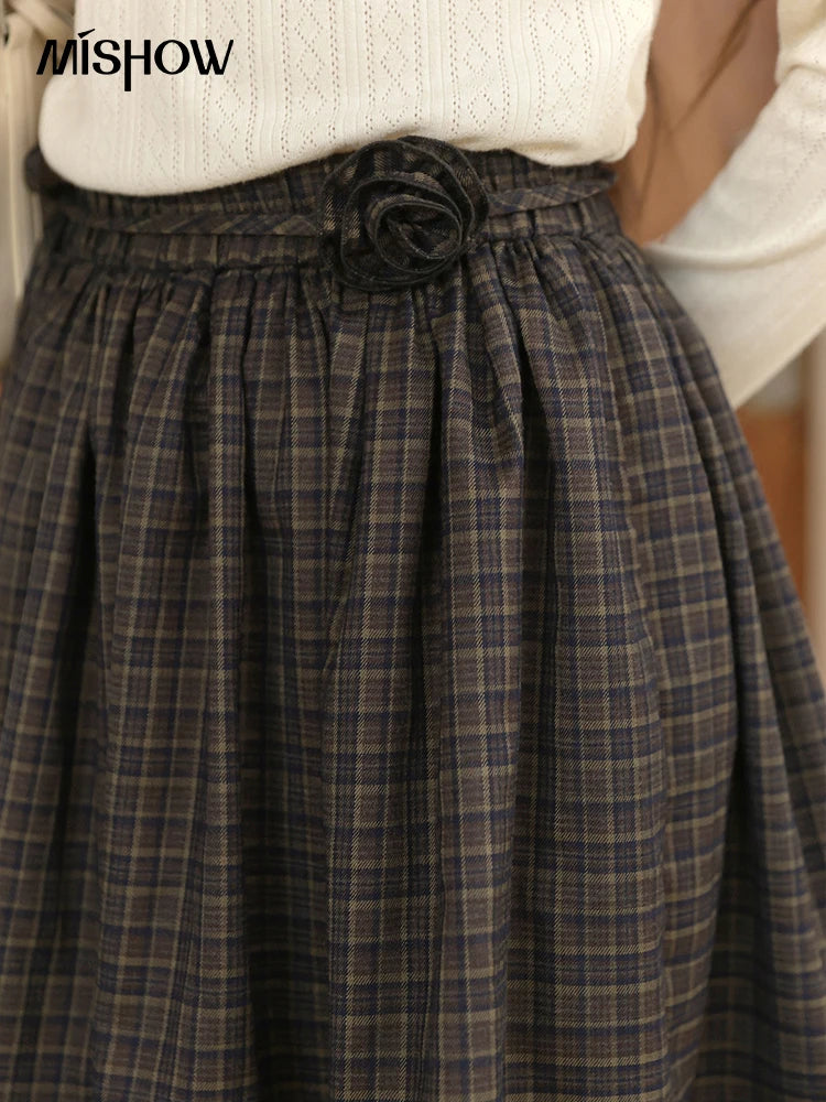 Mishow Green Plaid Handmade Flower Lace Skirt MXE44B2407