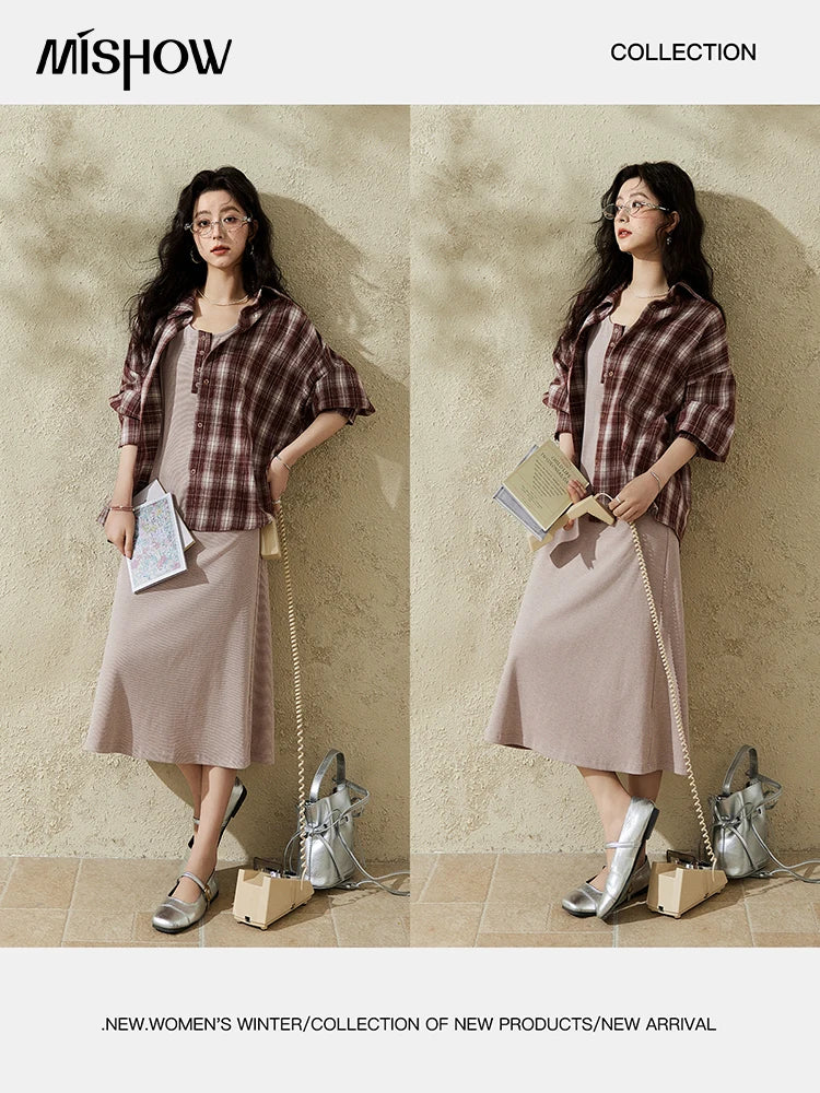Mishow Plaid Shirt Grey Vest Dress (Separately) MXE13L2093