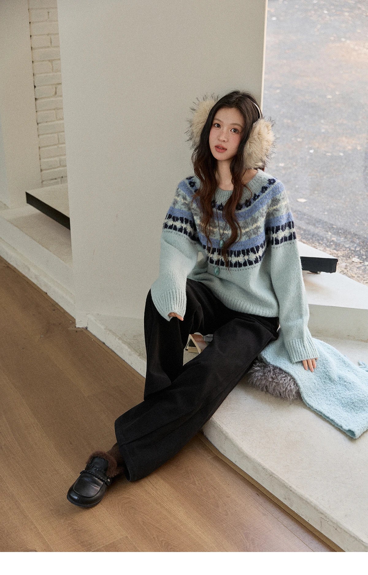 Mishow Blue Fair Isle Geometric Jacquard Pullover MXE87Z2767