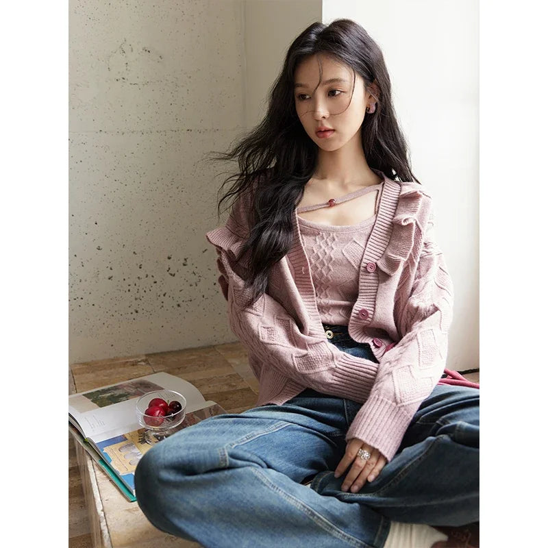 Mishow Pink Asymmetric Flounce Knit Vest Set MXD45Z0781