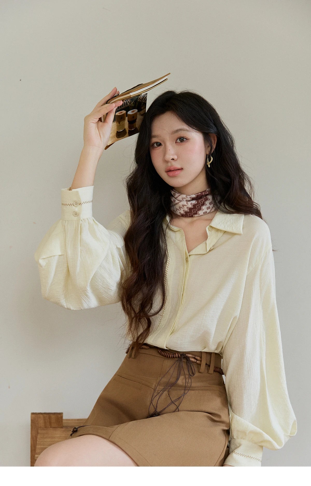 MISHOW Lapel Lantern Sleeve Shirt Lace Trim Loose MXF13C2436