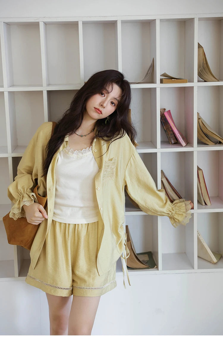 Mishow Yellow Linen Lace Shirt & Camisole & Shorts Three-Piece Set MXE42T0718
