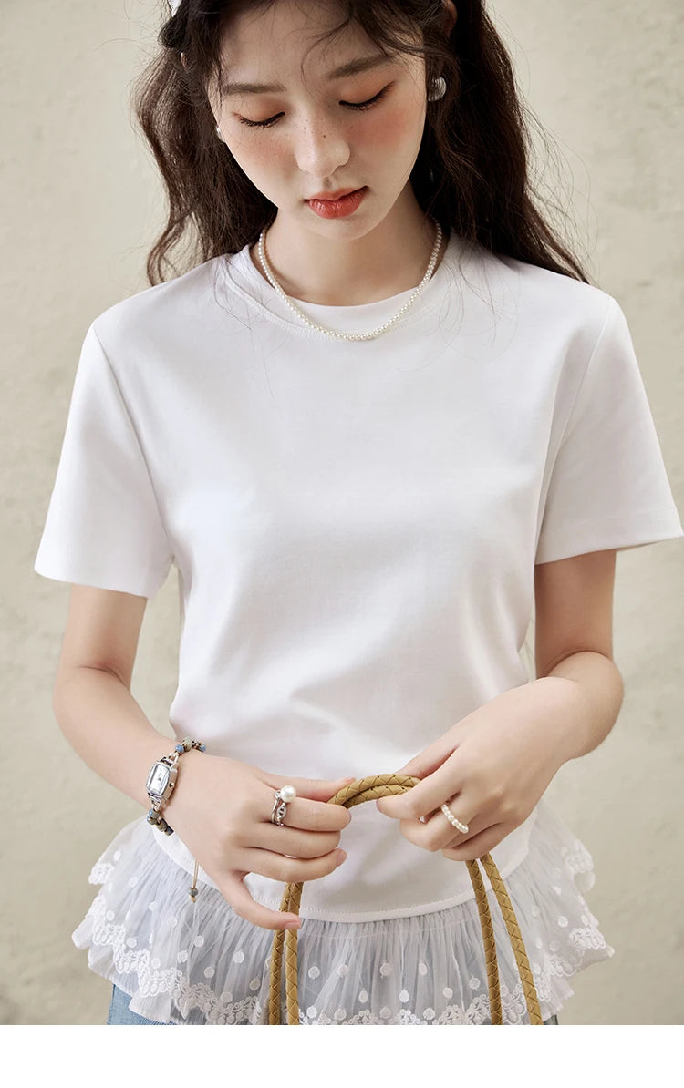 Mishow Lace Hem Splicing Round Neck Tee MXE31T0528
