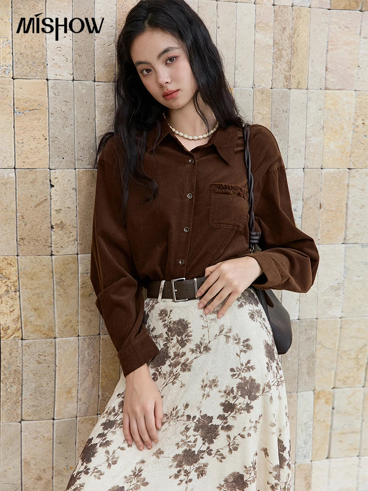 MISHOW Brown Corduroy Shirt Raw Edge Pocket MXE47C2419