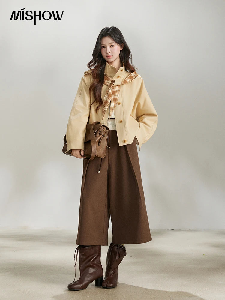 MISHOW Khaki Cropped Trench Coat Lapel Stand Collar MXF108W1003