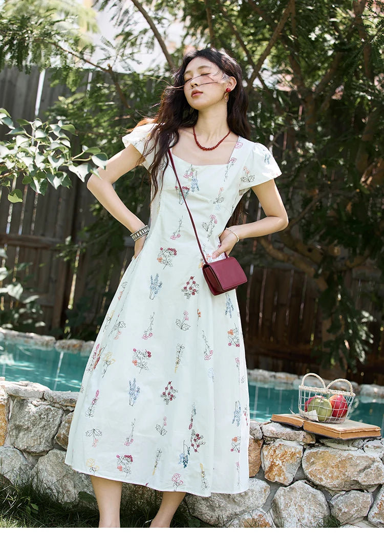 Mishow French Embroidery Square Neck Puff Sleeve Dress MXE39L2389