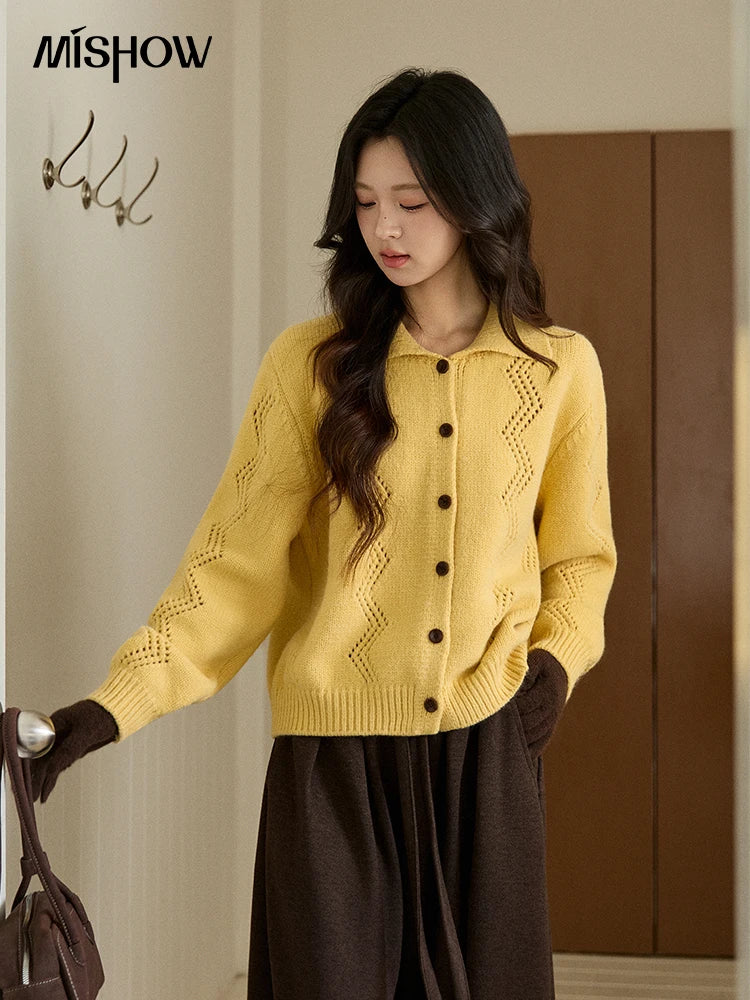 Mishow Yellow Hollow Pattern Lapel Cardigan MXE94Z2961