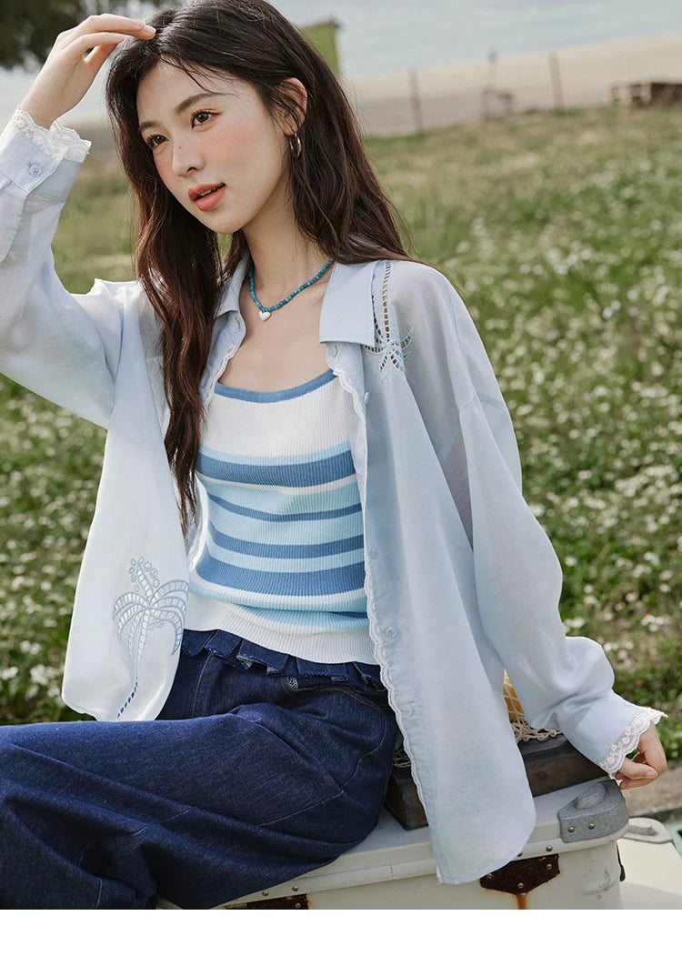 Mishow Blue Striped Square Collar Camisole MXE31Z1221