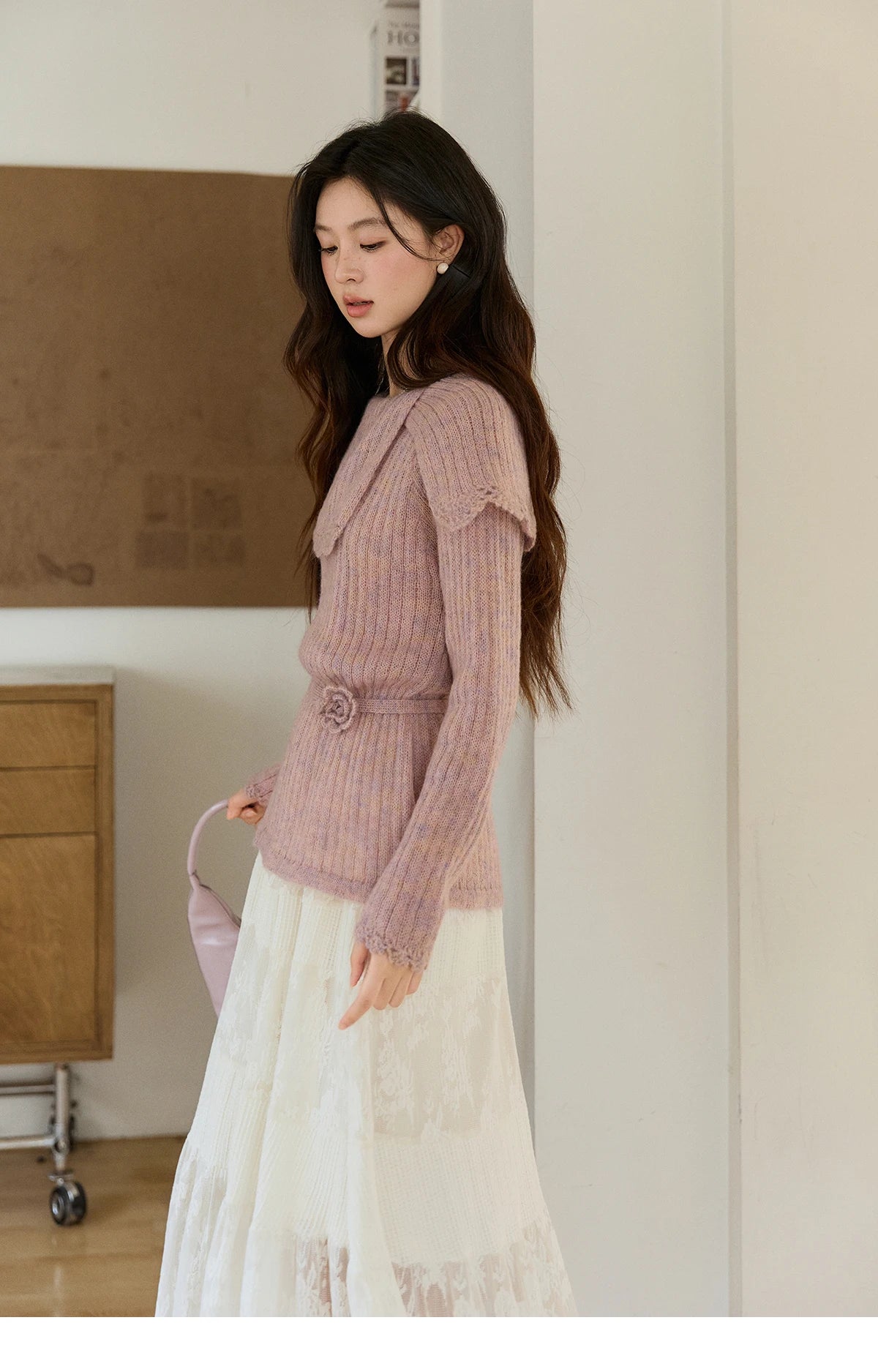 Mishow Pink Large Collar Lace Belted Pullover MXF11Z2901