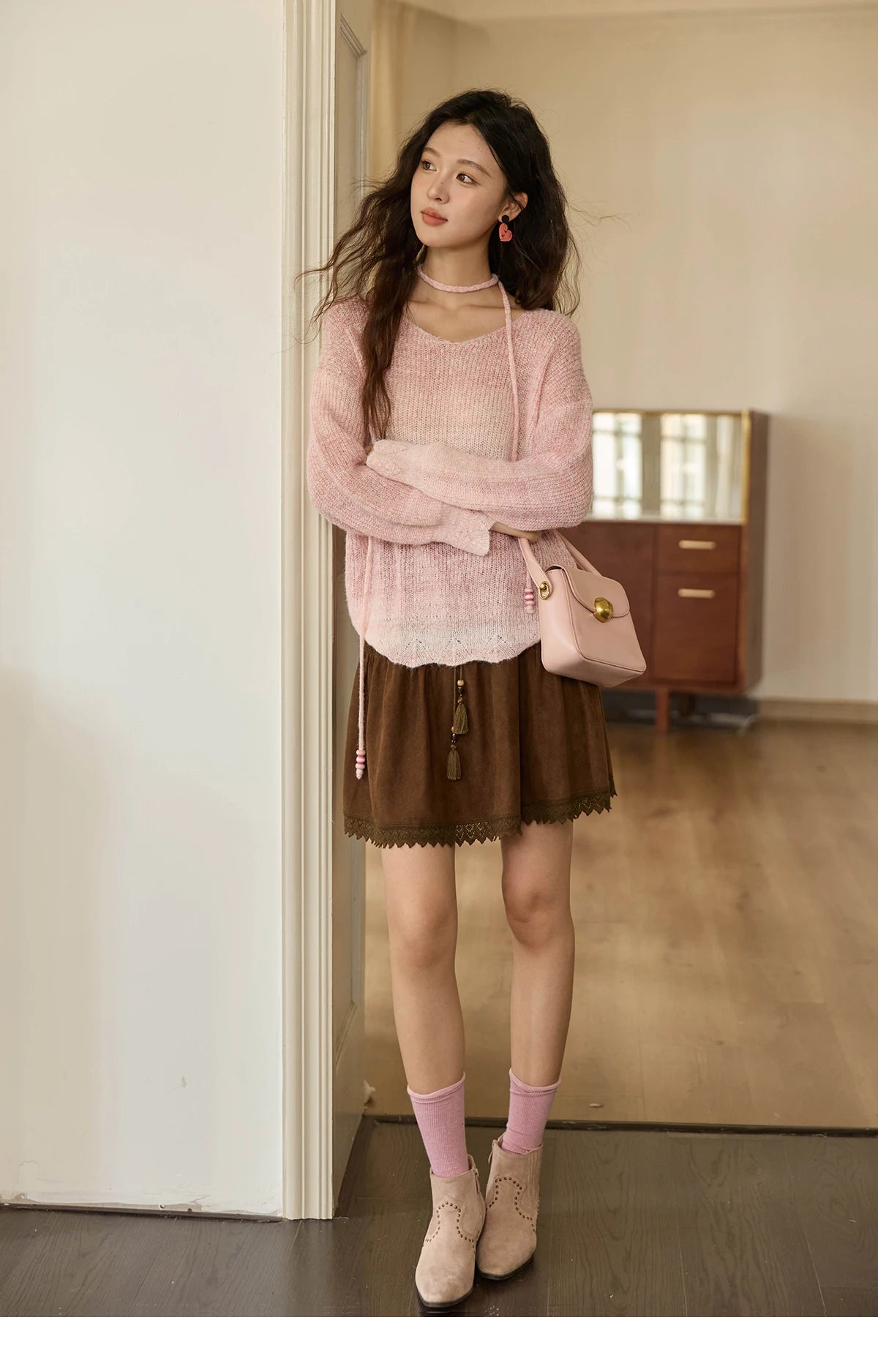 Mishow Pink Gradient Ribbed Cuff Sweater with Rope MXE43Z1334
