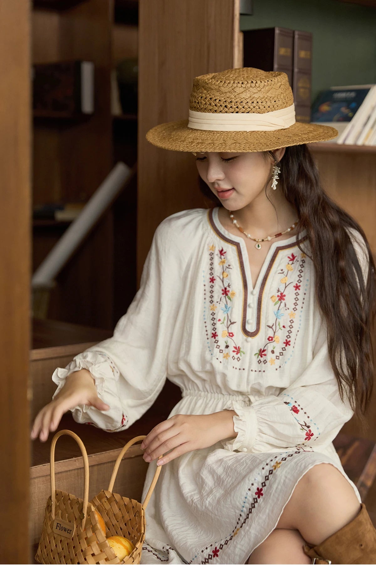 Mishow V-Neck Embroidered Drawstring Bohemian Dress MXE44L2489