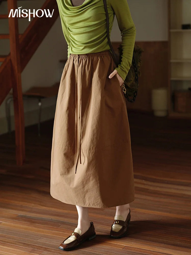 MISHOW Brown Cotton Bud Skirt Elastic Drawstring High Waist Pocket MXE41B2367