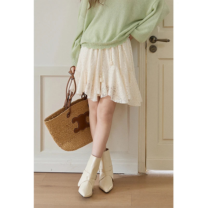 Mishow Beige Apricot Lace Tassel Midi Skirt MXF108B0768