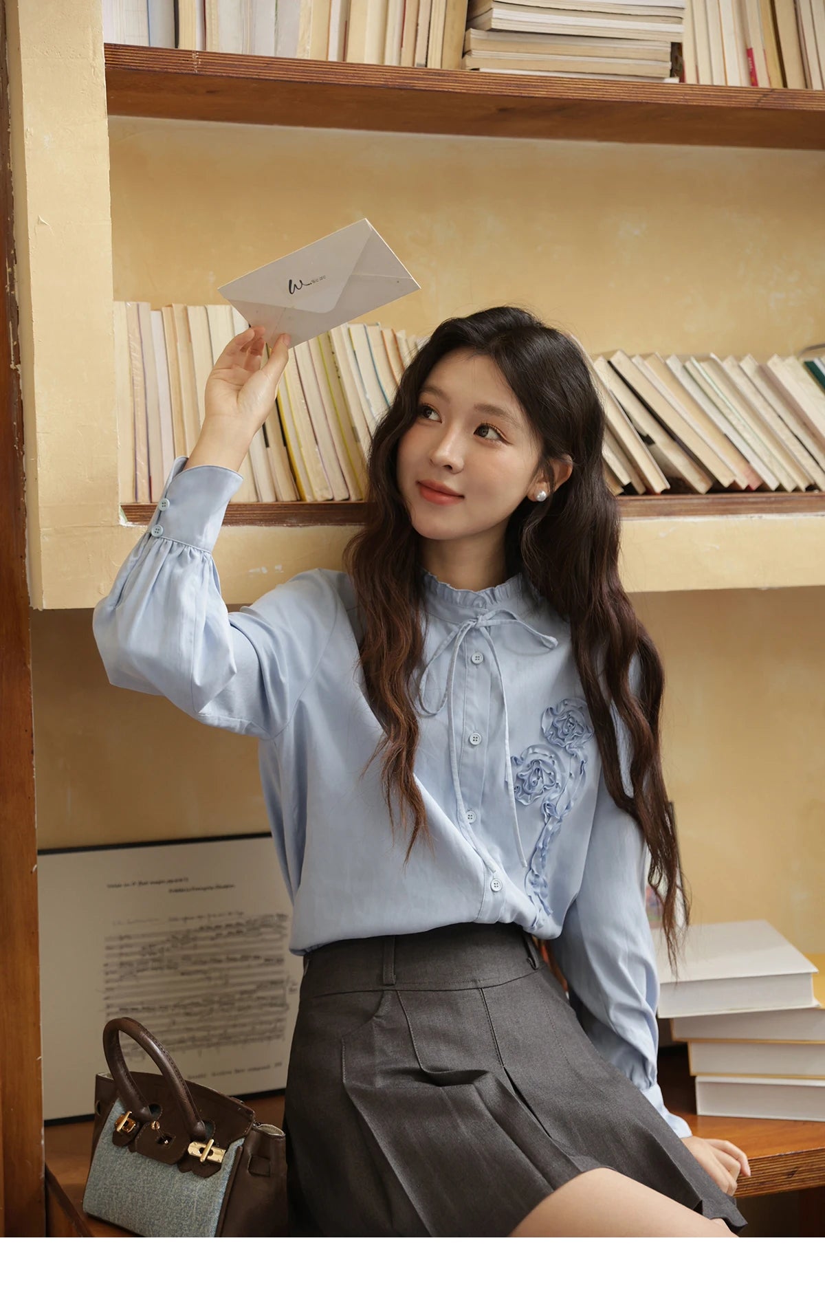MISHOW Coiled Flowers Embroidered Blue Shirt MXE44C2398