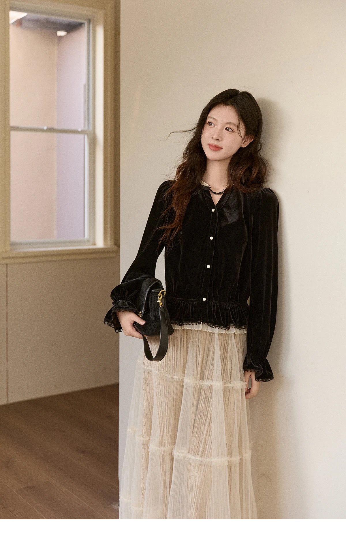 Mishow Black Velvet Lace Pearl Button Puff Sleeve Shirt MXE94X2516
